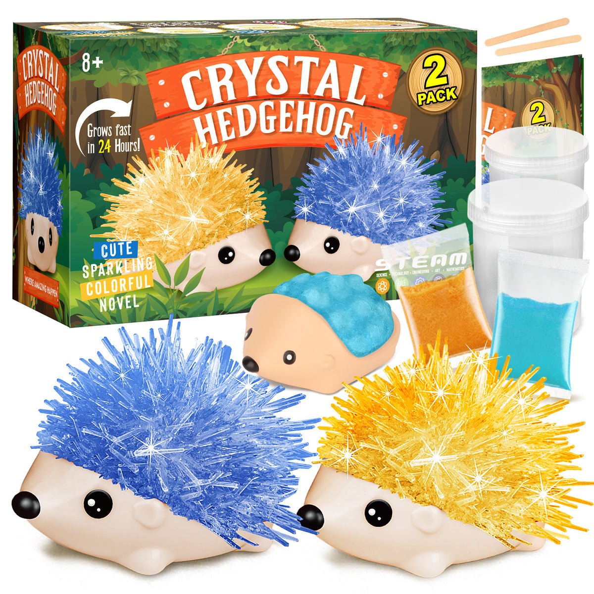 Crystal Growing Kit - 2 Vibrant Hedgehogs Fast 24H, STEM Gift for Kids 6-12