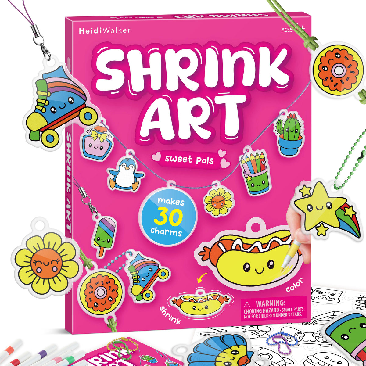 Piano Potato DIY Shrinking Art Kit for Kids - 30 Pre-Cut Shrink Plastic Sheets & Keychain Making Kit, 8 Acrylic Markers, Charms, Bracelets, No Mess Creative Activity, Birthday Gift for Girls Ages 6+