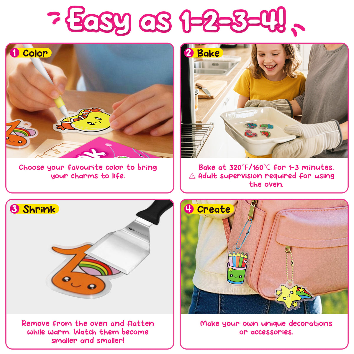 Piano Potato DIY Shrinking Art Kit for Kids - 30 Pre-Cut Shrink Plastic Sheets & Keychain Making Kit, 8 Acrylic Markers, Charms, Bracelets, No Mess Creative Activity, Birthday Gift for Girls Ages 6+