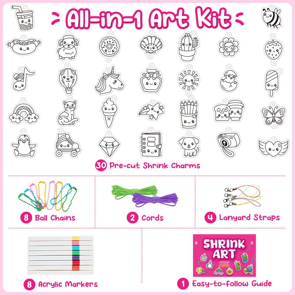 Piano Potato DIY Shrinking Art Kit for Kids - 30 Pre-Cut Shrink Plastic Sheets & Keychain Making Kit, 8 Acrylic Markers, Charms, Bracelets, No Mess Creative Activity, Birthday Gift for Girls Ages 6+