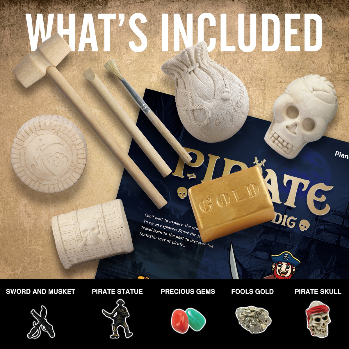 Pirate Treasures Dig Kit, 5 Bricks Excavation STEM Toy, Kids Party Gift