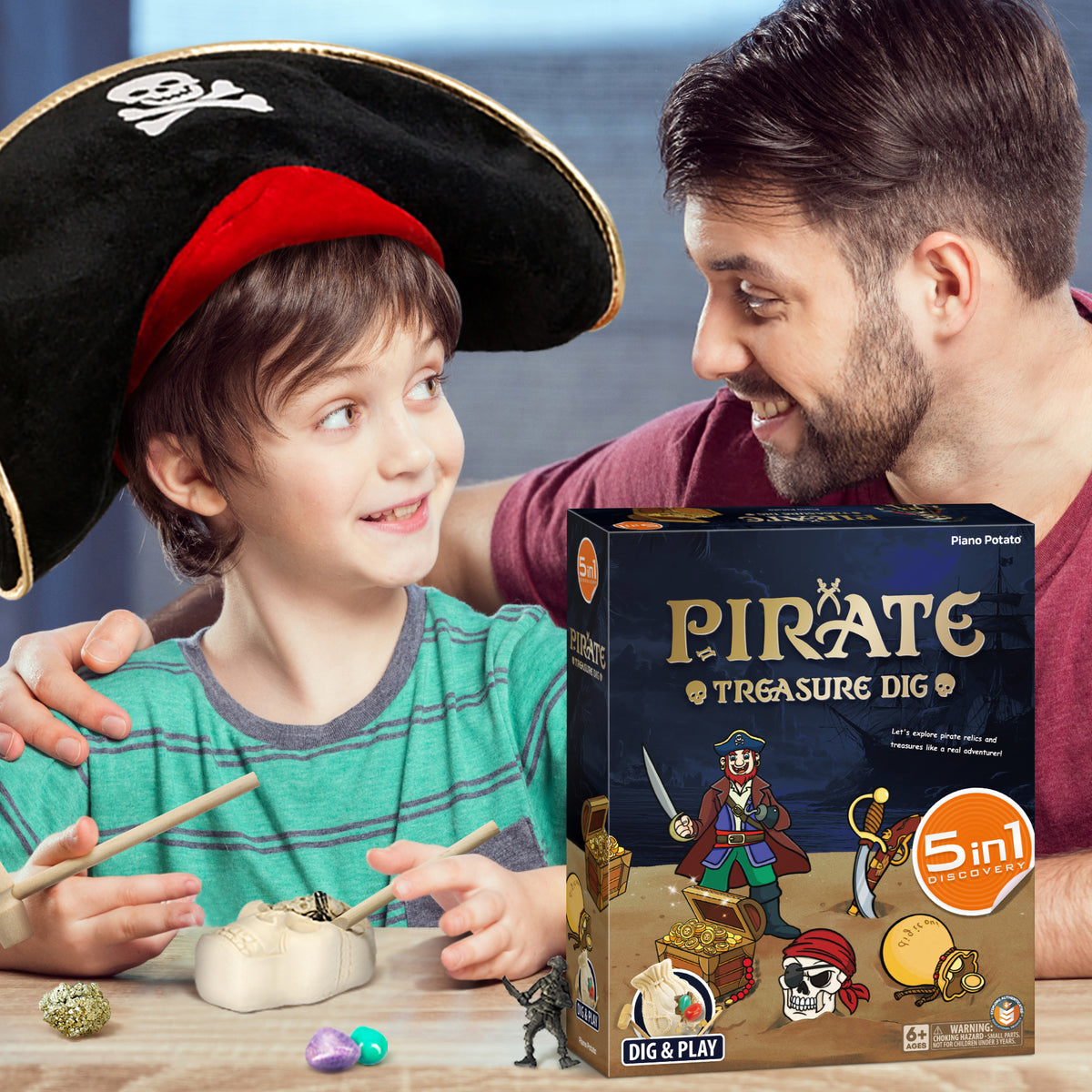 Pirate Treasures Dig Kit, 5 Bricks Excavation STEM Toy, Kids Party Gift