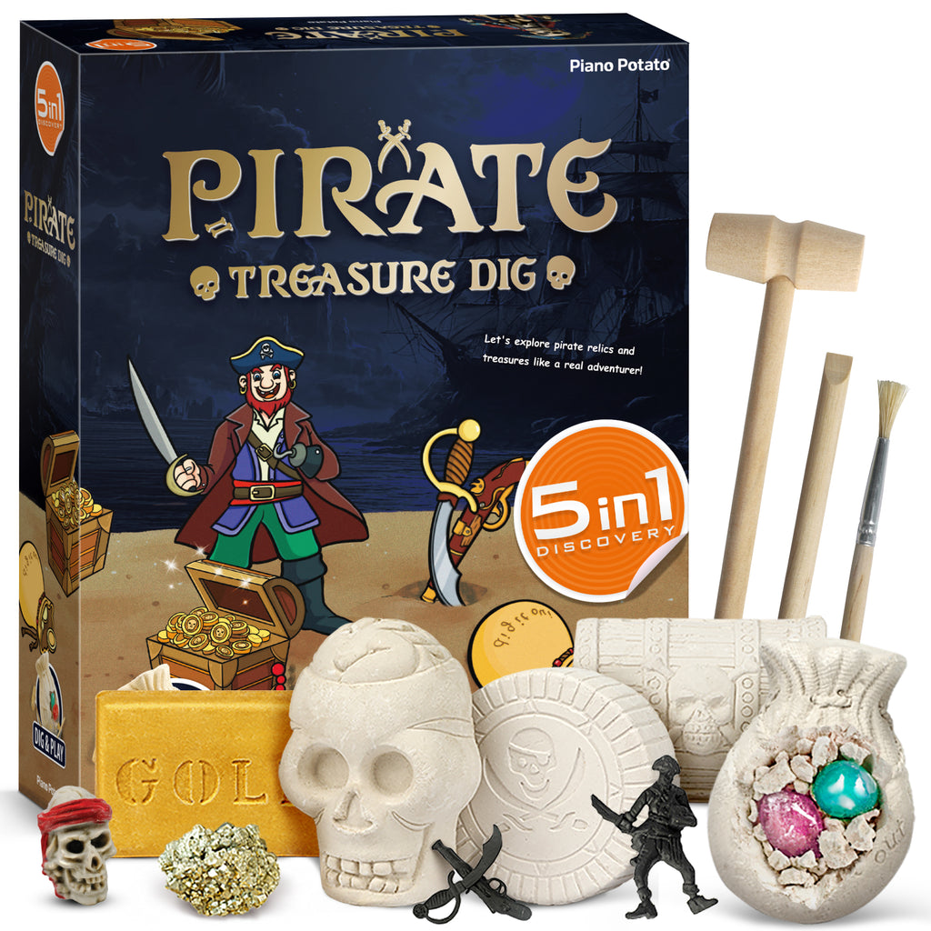 Pirate Treasures Dig Kit, 5 Bricks Excavation STEM Toy, Kids Party Gift