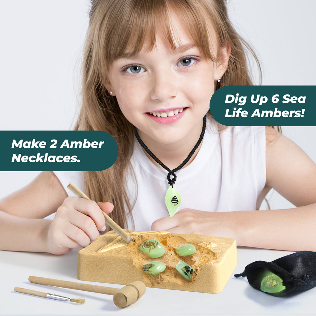 EDUMAN Amber Dig Kit-6 Artificial Sea Life Resin Specimens, Glow in The Dark Oceanlife Fossil Excavation Set, STEM Inspired Educational Toy for Kids Ages 6-12, for Boys & Girls