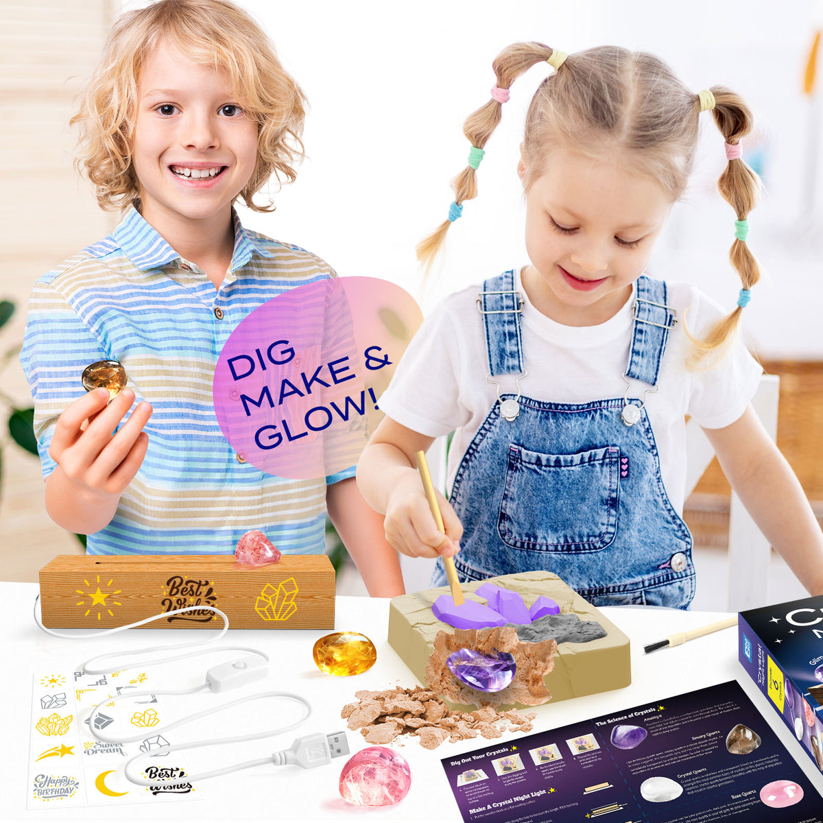 Gamerside Gemstone Dig Kit & Display Crystal Night Light for Kids, Dig Up 6 Genuine Rocks and Minerals, Gem Digging Kit for Kids Age 6-12, Educational Science Kit Birthday Gifts for Boys and Girls