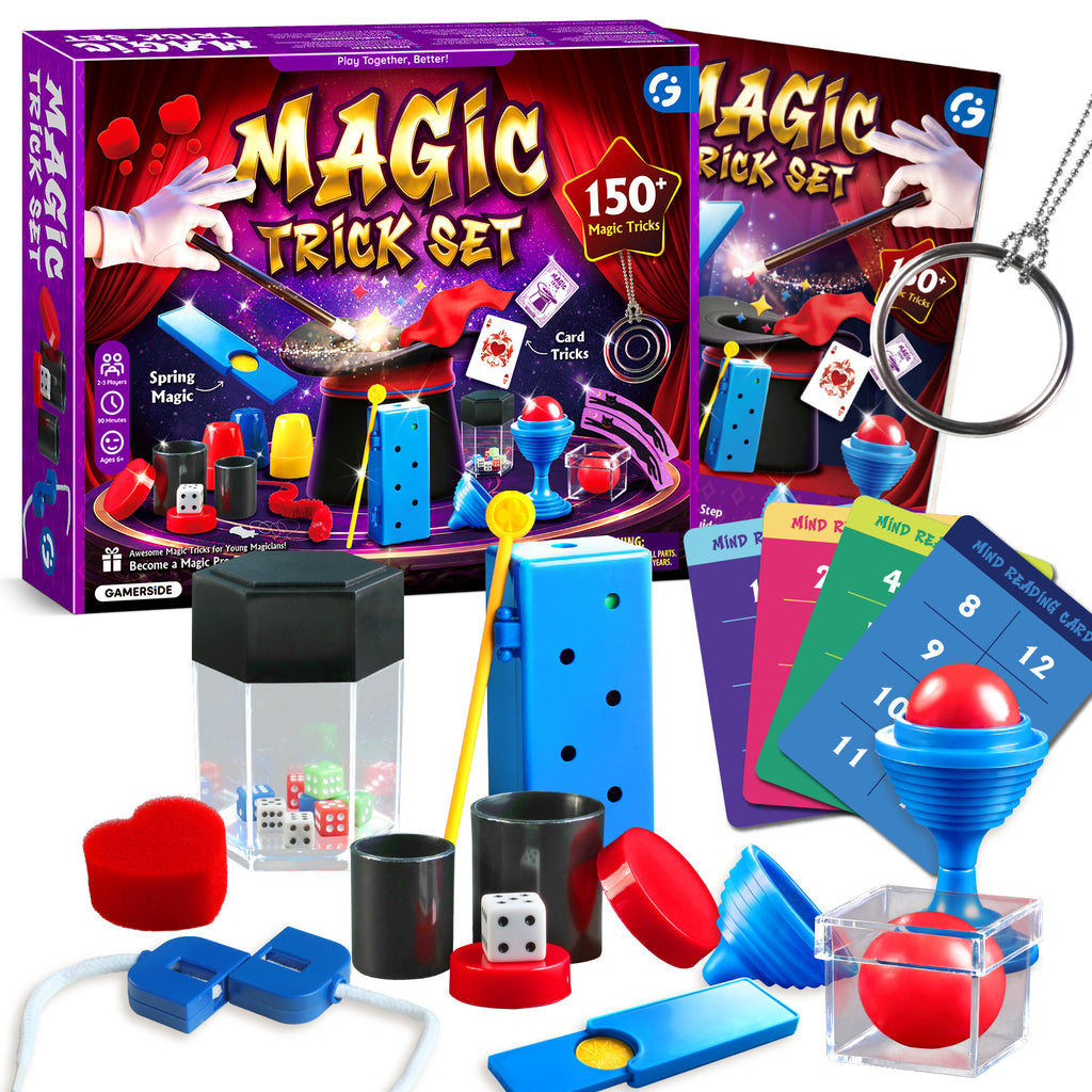 Gamerside Magic Kit for Kids Ages 6-12, 150+ Tricks with Book & Video Step-By-Step Guides, 5-Level Magic Progression, Wand, Cups, Coins & More, Birthday Christmas for Boys & Girls