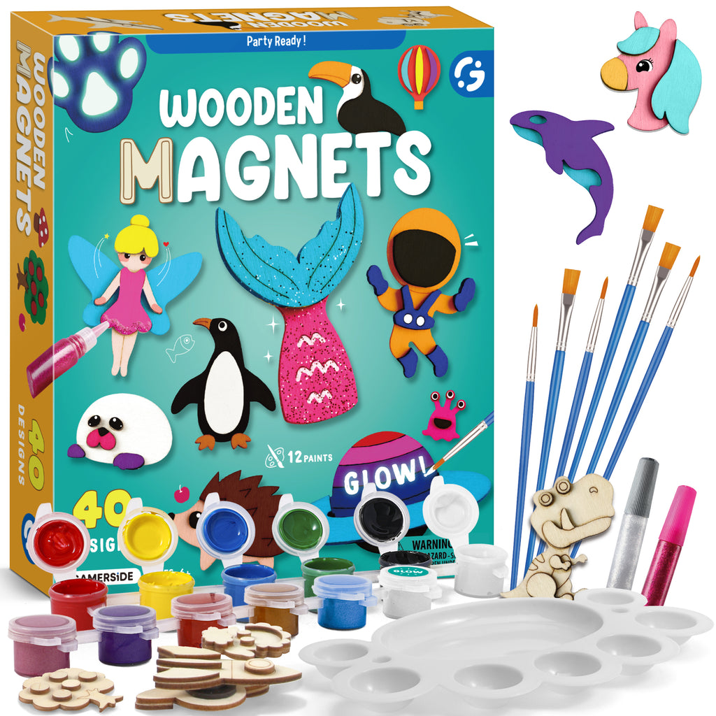 Byncceh DIY Wooden Magnets Kit, 40 Pcs Glow Paint, Magnet Craft for Kids 6+
