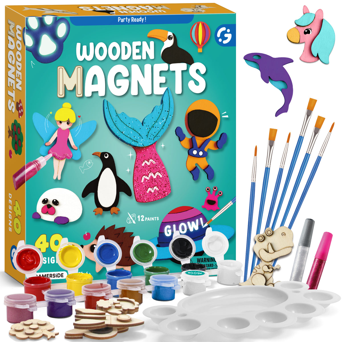 Byncceh DIY Wooden Magnets Kit, 40 Pcs Glow Paint, Magnet Craft for Kids 6+