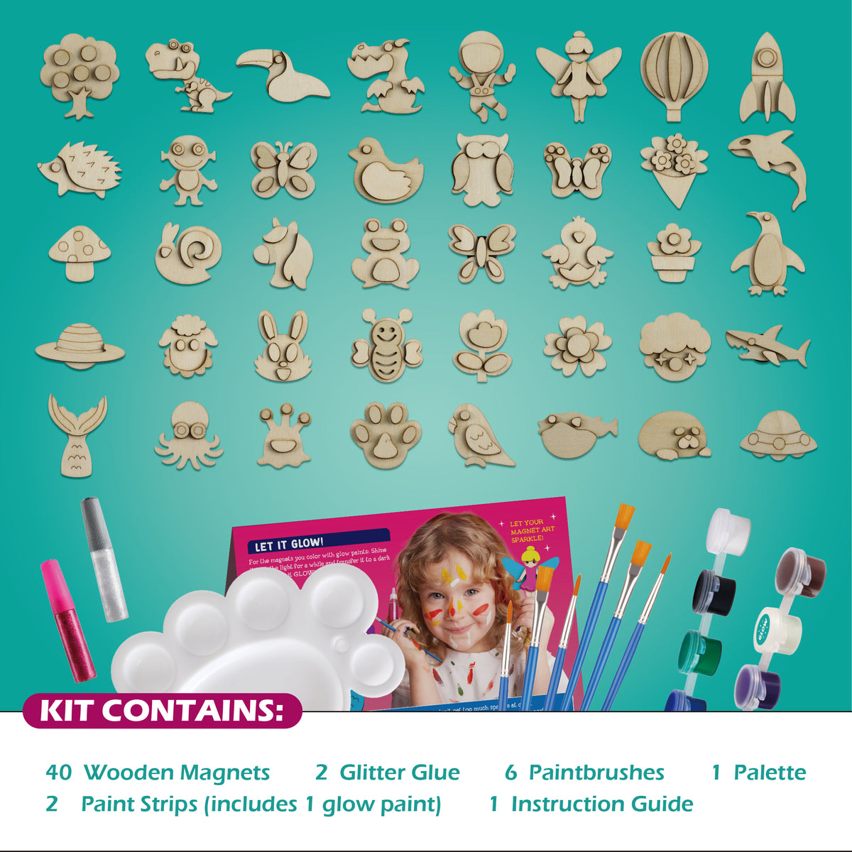 Byncceh DIY Wooden Magnets Kit, 40 Pcs Glow Paint, Magnet Craft for Kids 6+