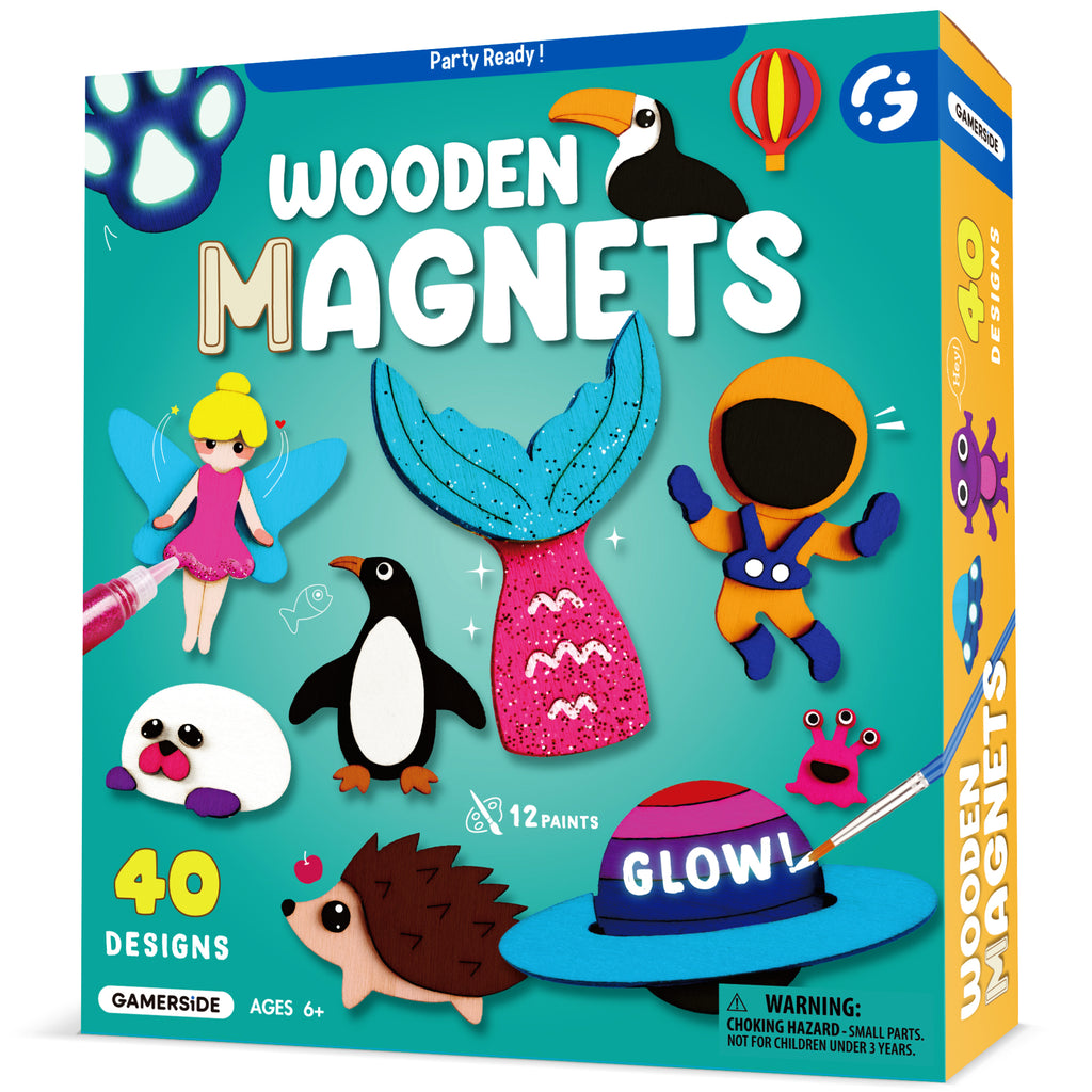 Byncceh DIY Wooden Magnets Kit, 40 Pcs Glow Paint, Magnet Craft for Kids 6+
