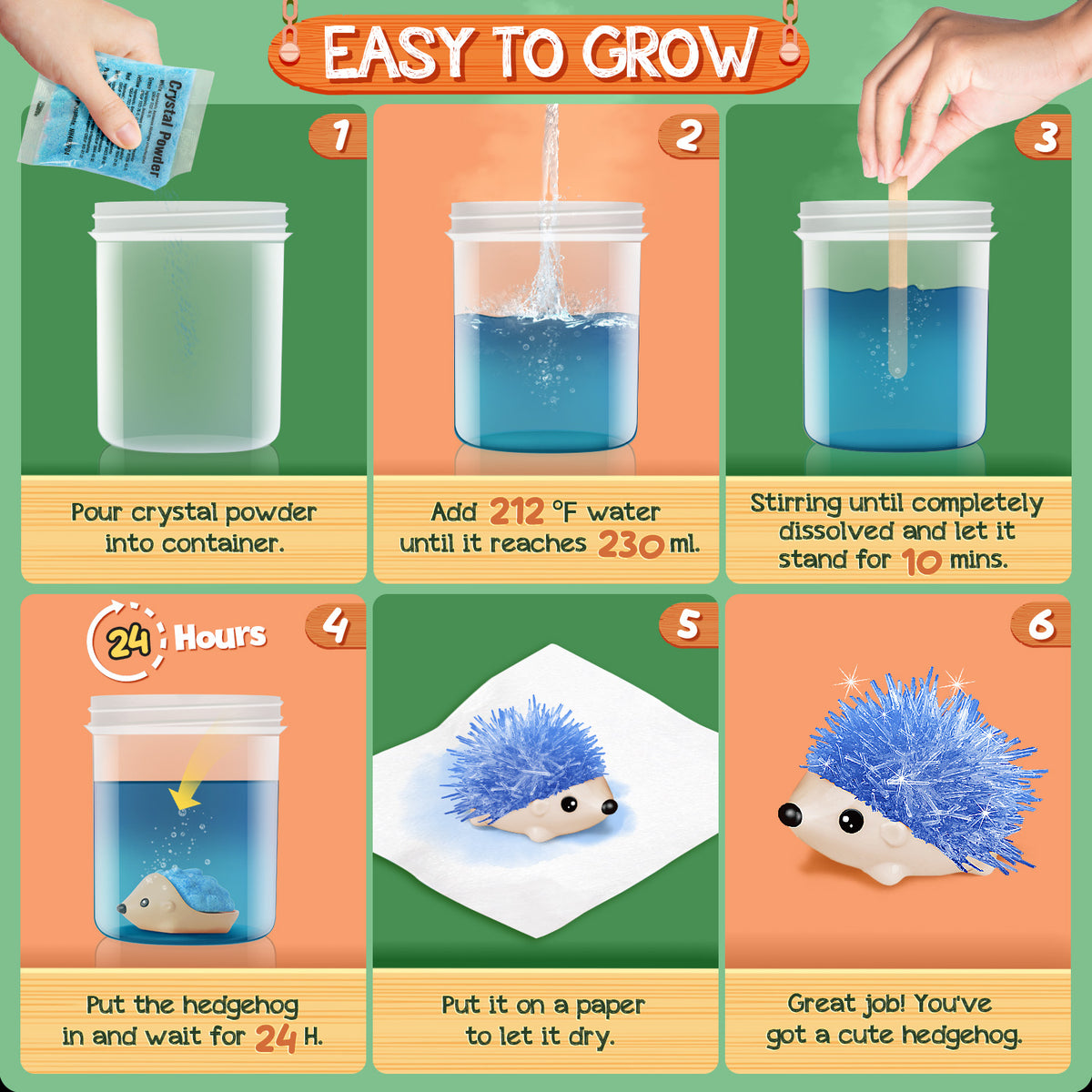 Crystal Growing Kit - 2 Vibrant Hedgehogs Fast 24H, STEM Gift for Kids 6-12