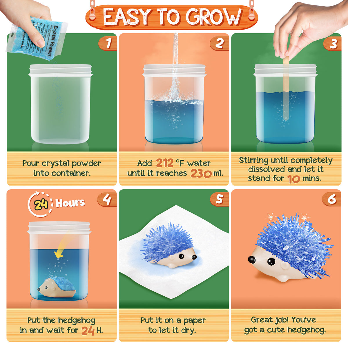 Crystal Growing Kit - 2 Vibrant Hedgehogs Fast 24H, STEM Gift for Kids 6-12