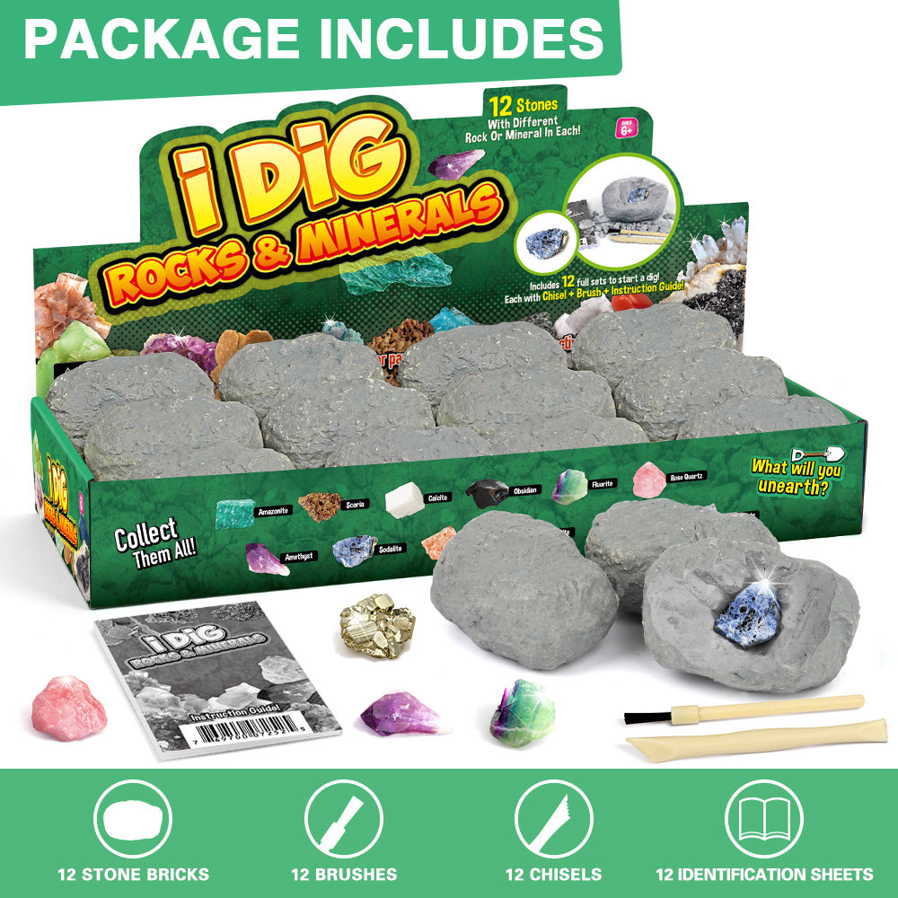 12 Natural Rock & Mineral Dig Kit, STEM Toy for Kids, Party Favors