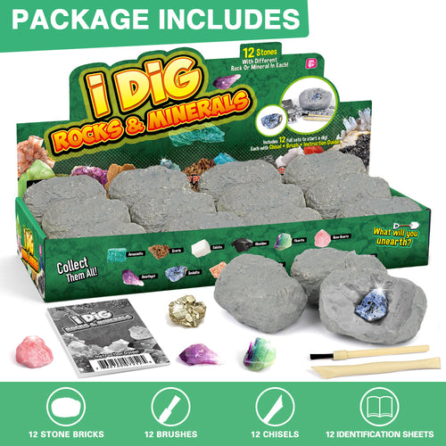 12 Natural Rock & Mineral Dig Kit, STEM Toy for Kids, Party Favors