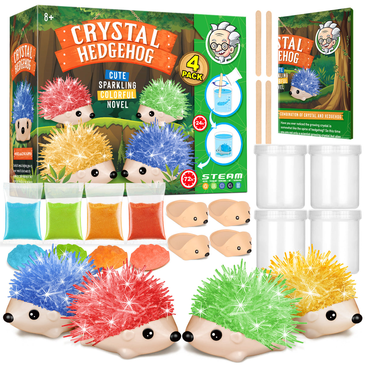 Crystal Growing Kit - 4 Vibrant Hedgehogs Fast 24H, STEM Gift for Kids 6-12