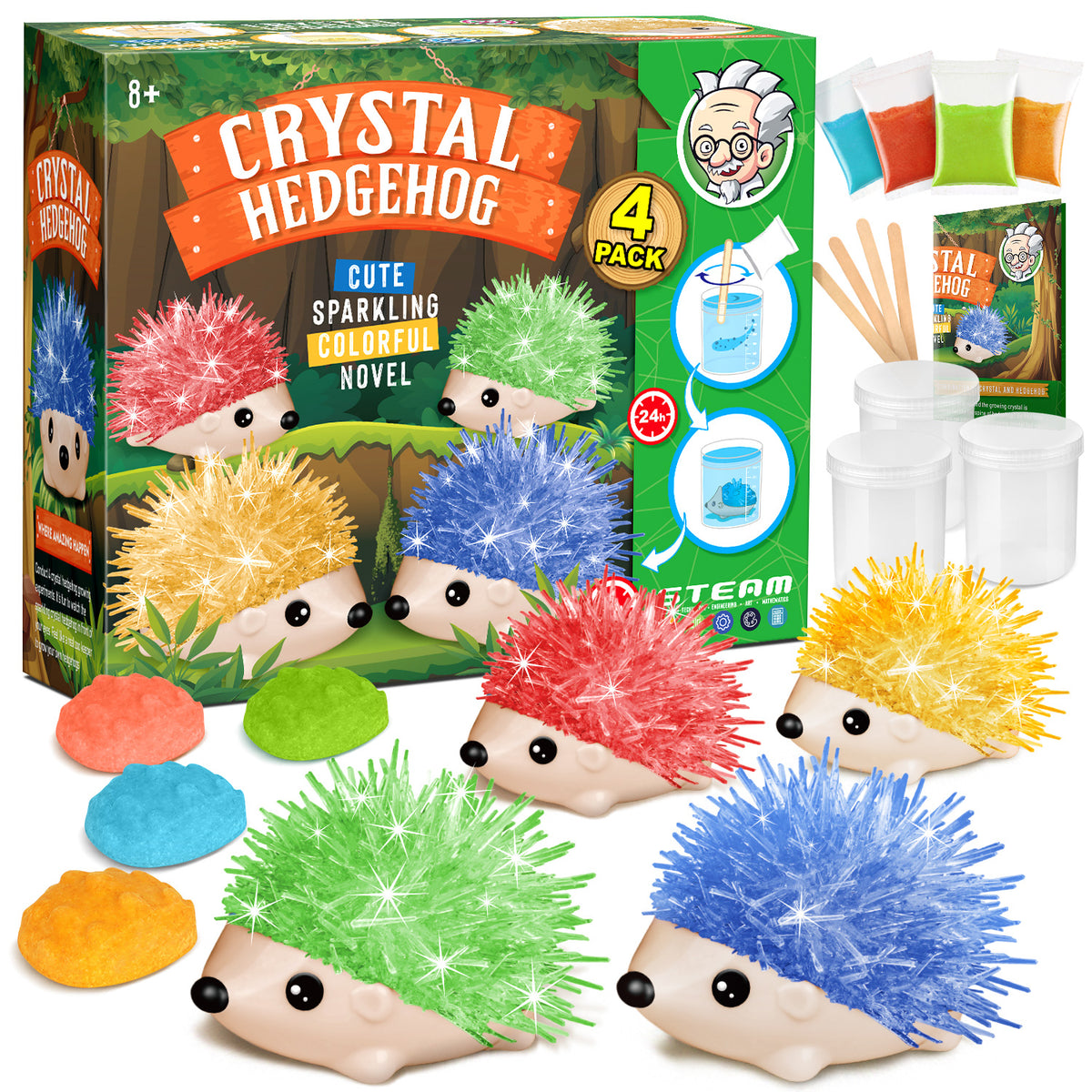 Crystal Growing Kit - 4 Vibrant Hedgehogs Fast 24H, STEM Gift for Kids 6-12