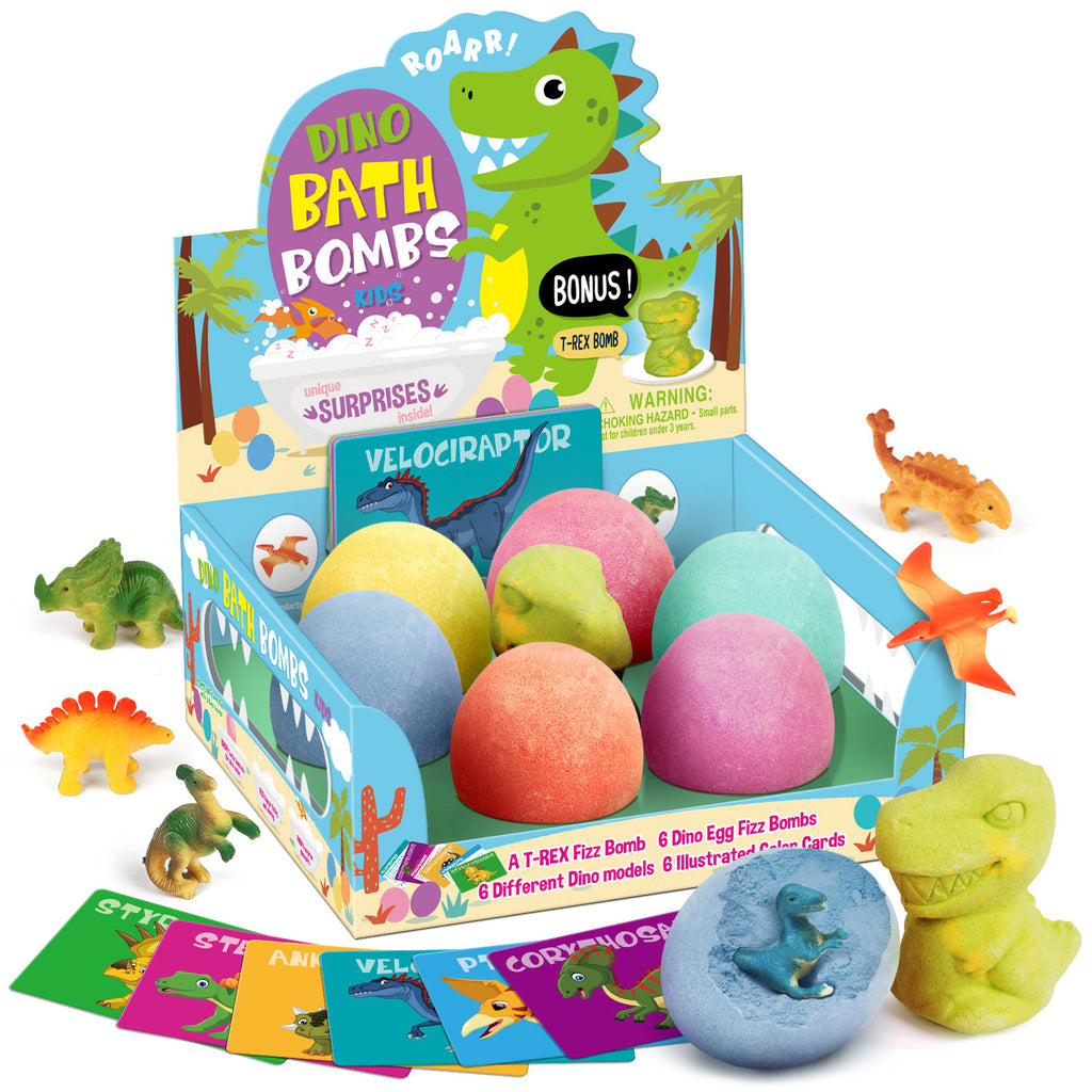 Dino Bath Bombs for Kids – 6 Egg Fizz Bombs + T-Rex Bonus