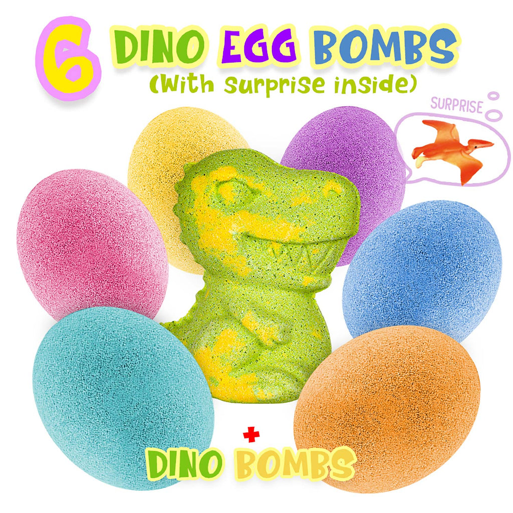 Dino Bath Bombs for Kids – 6 Egg Fizz Bombs + T-Rex Bonus