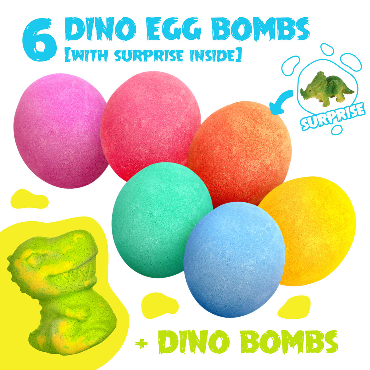 Dino Bath Bombs for Kids – 6 Egg Fizz Bombs + T-Rex Bonus