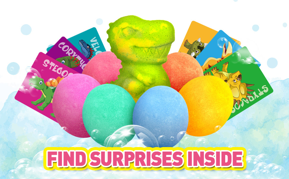 Dino Bath Bombs for Kids – 6 Egg Fizz Bombs + T-Rex Bonus
