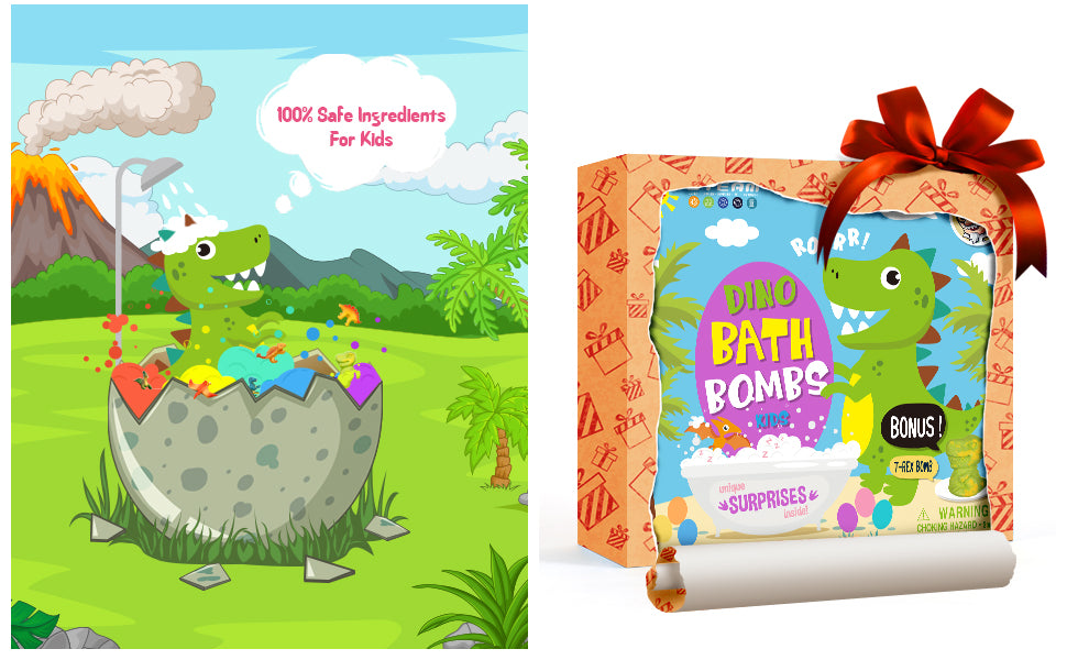 Dino Bath Bombs for Kids – 6 Egg Fizz Bombs + T-Rex Bonus