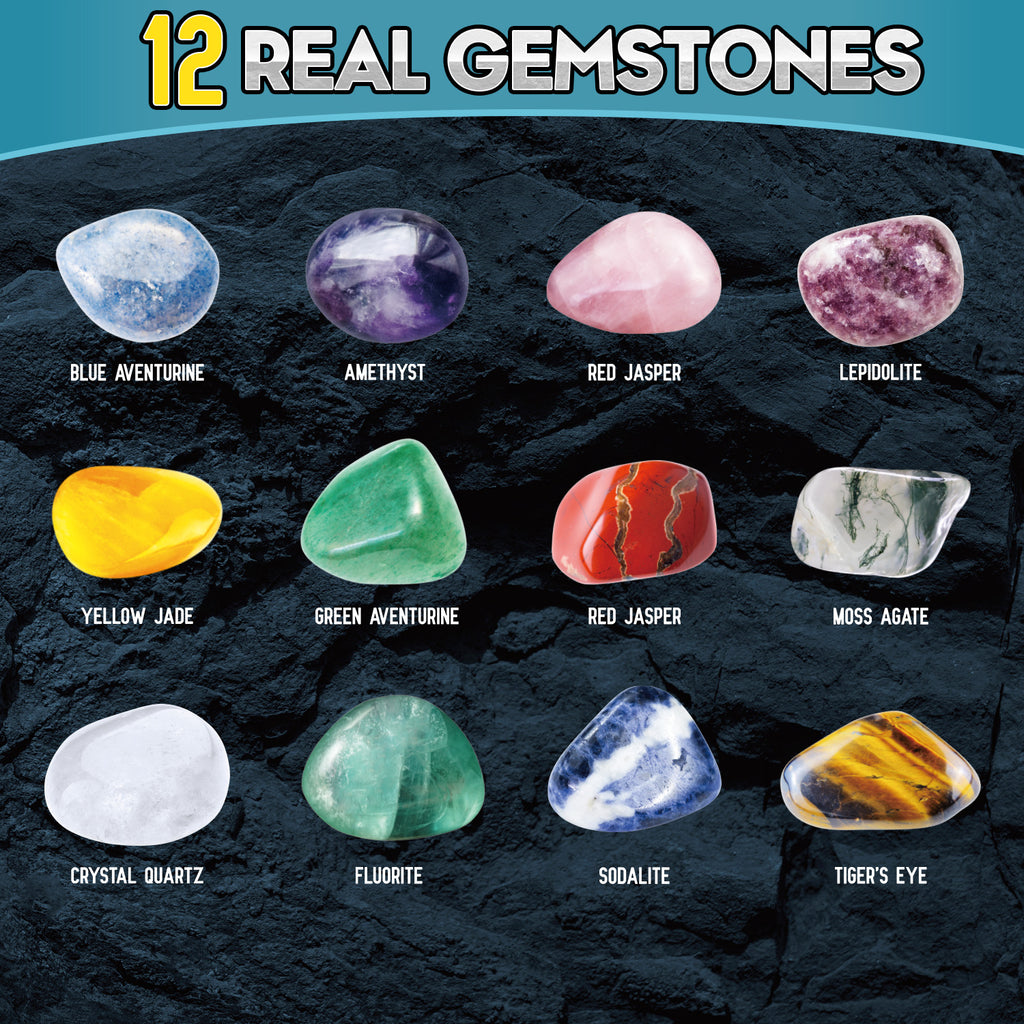 Gems Dig Kit for Kids - 12 Real Gemstones, STEM Gift Toy with Keychain 6+