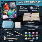 Gems Dig Kit for Kids - 12 Real Gemstones, STEM Gift Toy with Keychain 6+