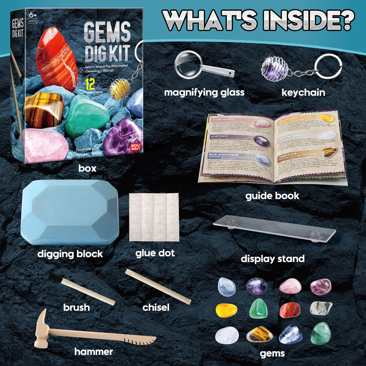 Gems Dig Kit for Kids - 12 Real Gemstones, STEM Gift Toy with Keychain 6+