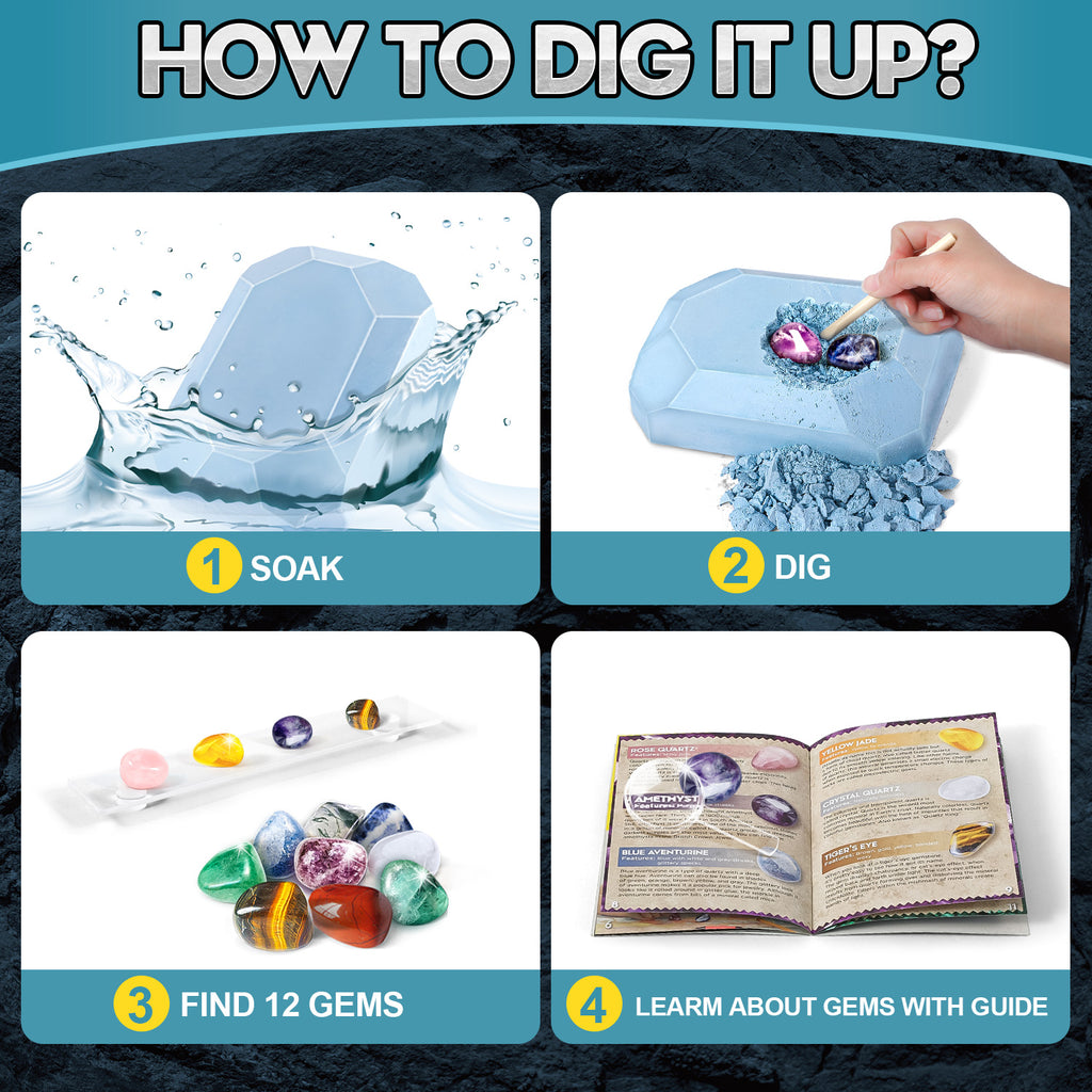 Gems Dig Kit for Kids - 12 Real Gemstones, STEM Gift Toy with Keychain 6+