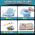 Gems Dig Kit for Kids - 12 Real Gemstones, STEM Gift Toy with Keychain 6+