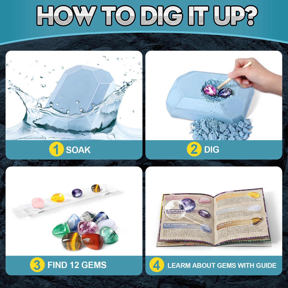 Gems Dig Kit for Kids - 12 Real Gemstones, STEM Gift Toy with Keychain 6+