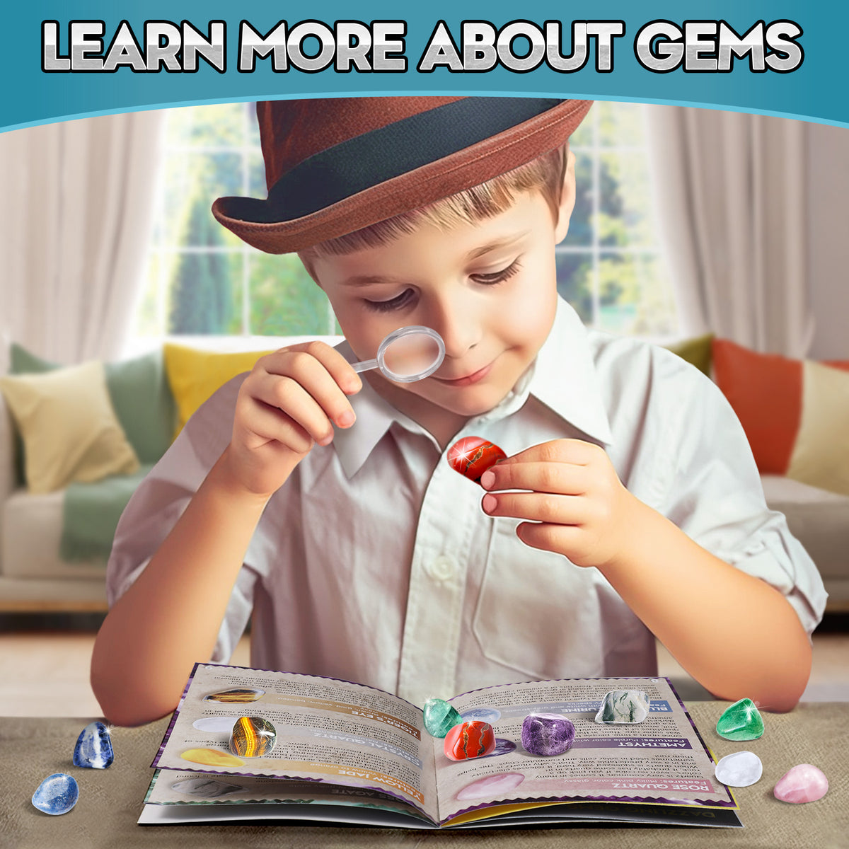 Gems Dig Kit for Kids - 12 Real Gemstones, STEM Gift Toy with Keychain 6+
