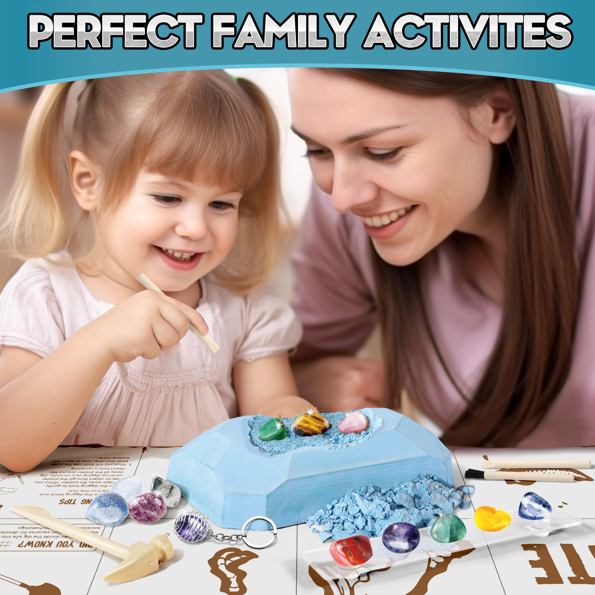 Gems Dig Kit for Kids - 12 Real Gemstones, STEM Gift Toy with Keychain 6+