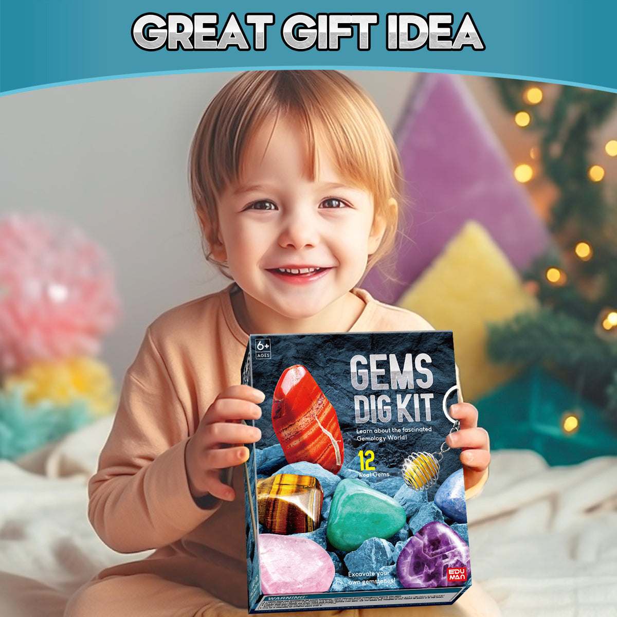 Gems Dig Kit for Kids - 12 Real Gemstones, STEM Gift Toy with Keychain 6+