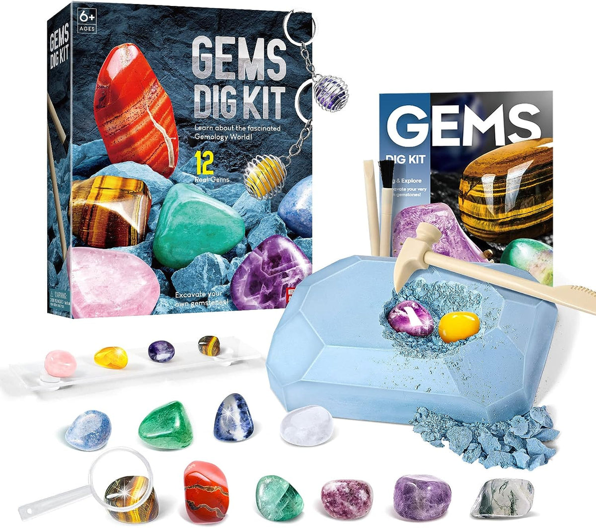Gems Dig Kit for Kids - 12 Real Gemstones, STEM Gift Toy with Keychain 6+
