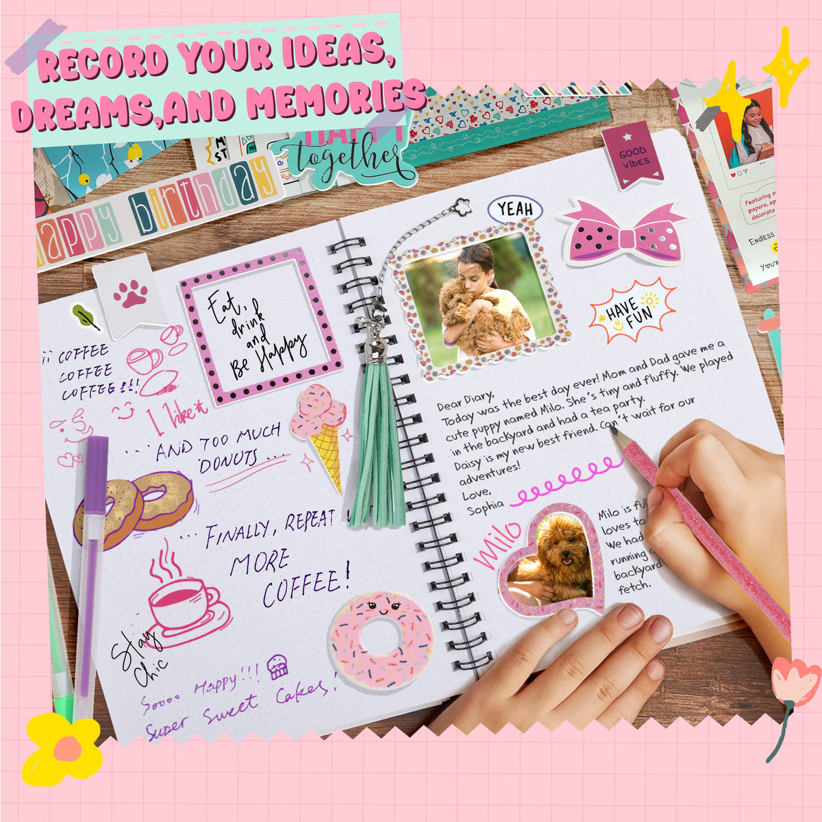 Piano Potato DIY Journal Kit for Girls 8-14, 130+ Pcs Scrapbook Craft Set