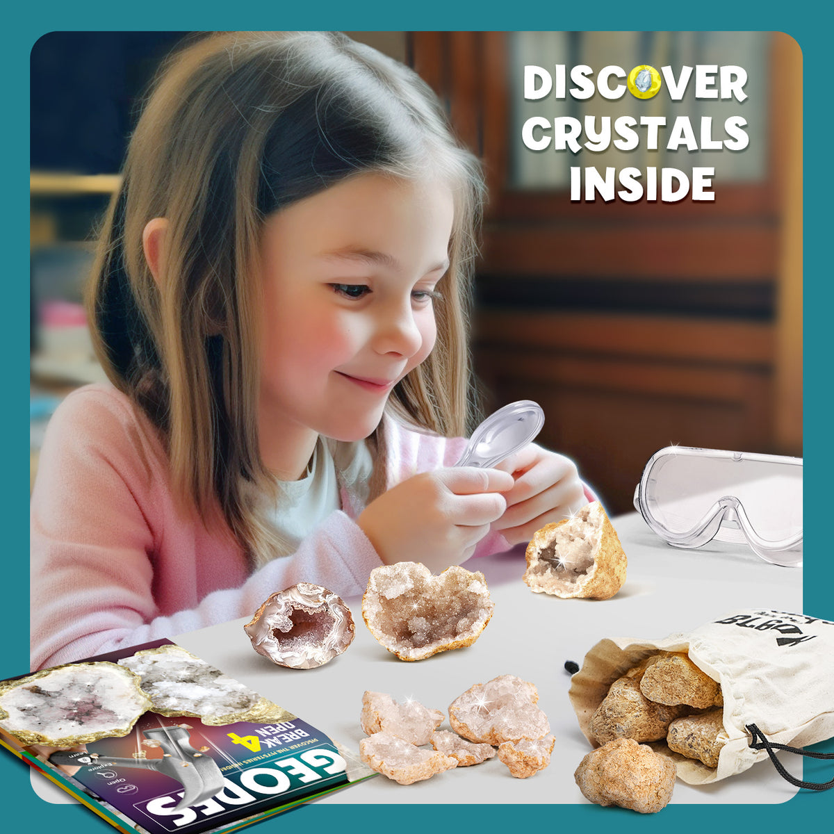 Piano Potato Break Open 4 Premium Geodes Kit with Goggles & Magnifying Glass