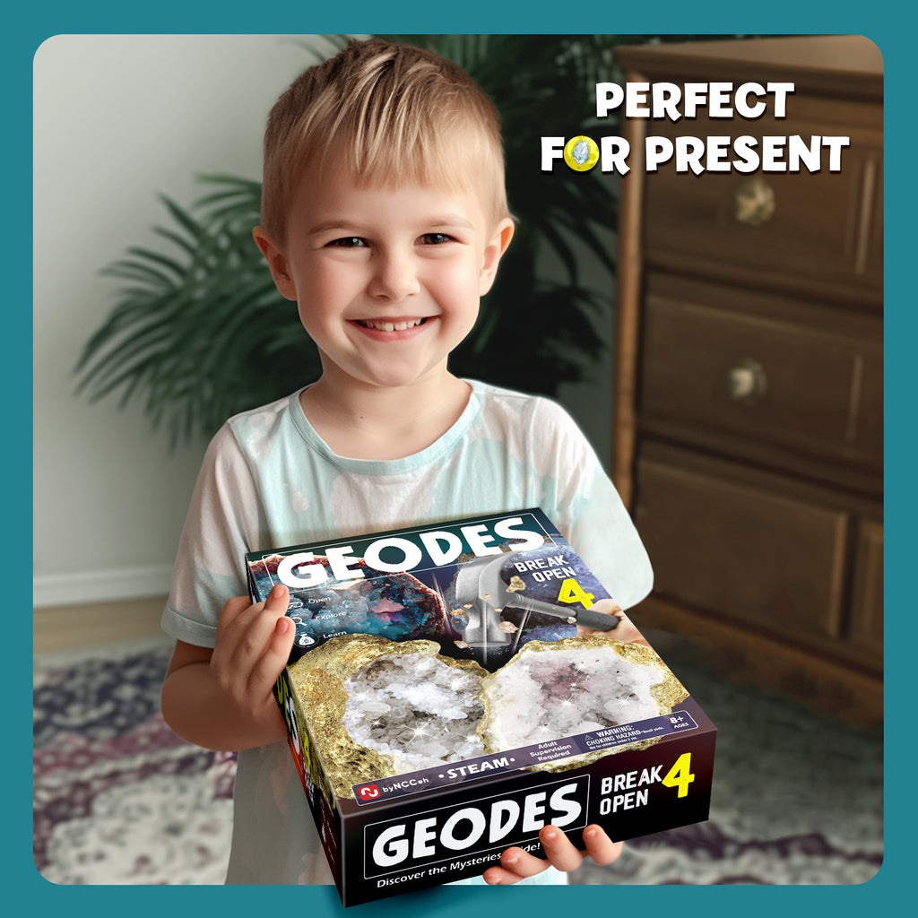 Piano Potato Break Open 4 Premium Geodes Kit with Goggles & Magnifying Glass