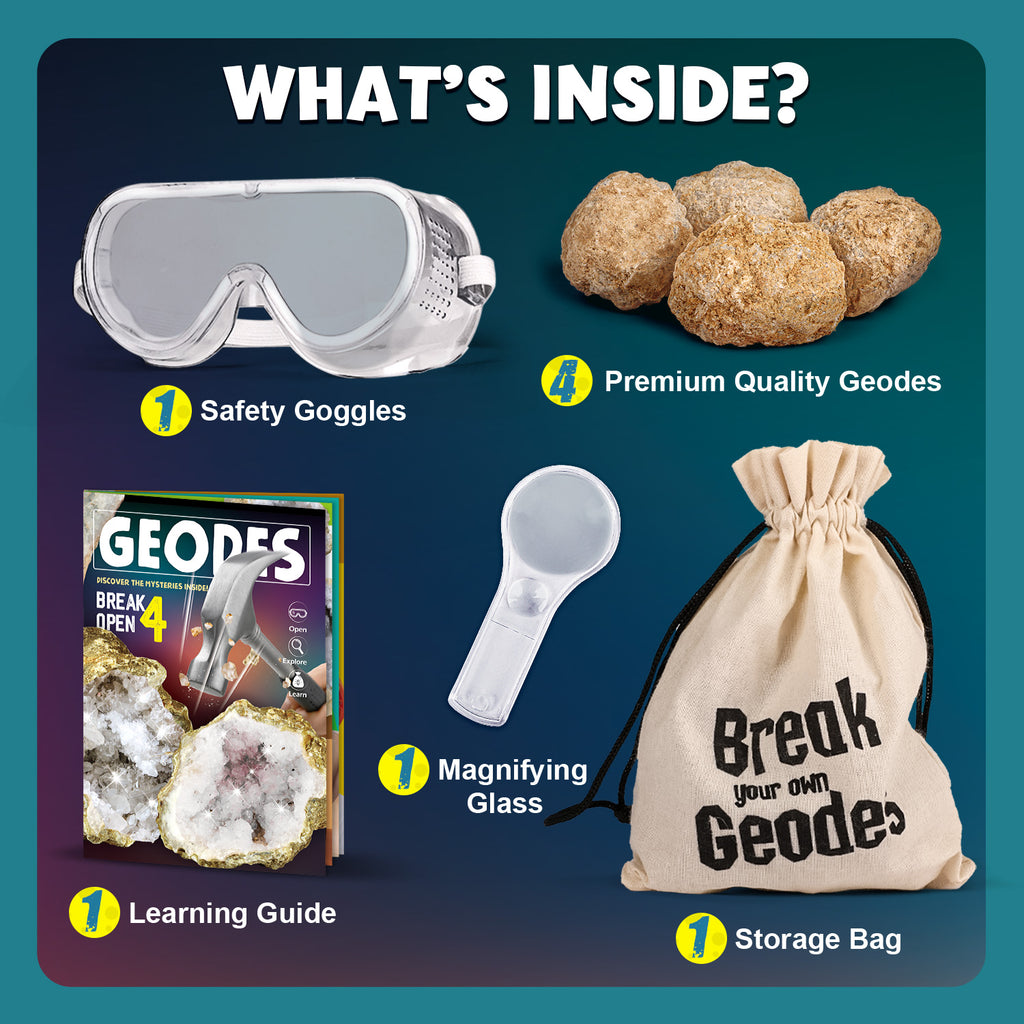 Piano Potato Break Open 4 Premium Geodes Kit with Goggles & Magnifying Glass