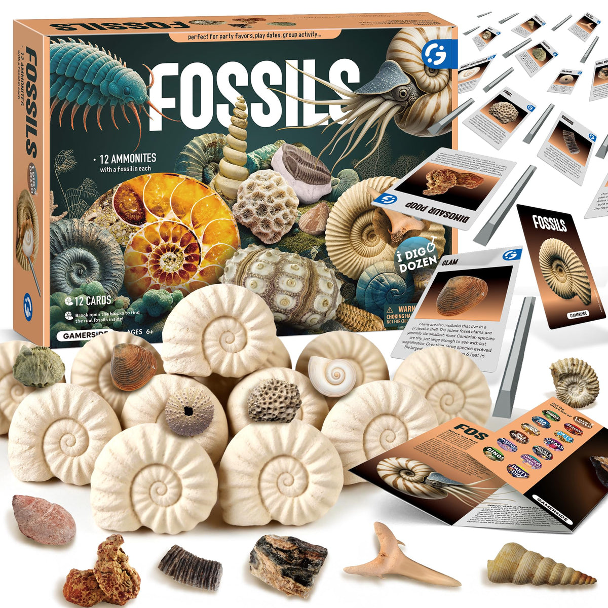 Fossil Dig Kit, 12 Fossils with Zero-Mess Mat, STEM Toy 6-12