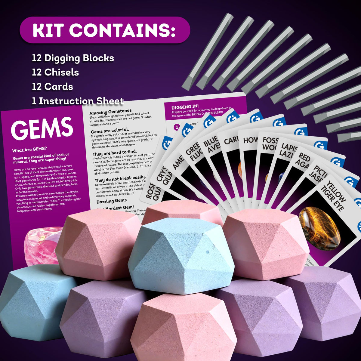 Gamerside Gemstone Dig Kit, 12 Real Rocks & Minerals, Rock Digging Kit 6-12