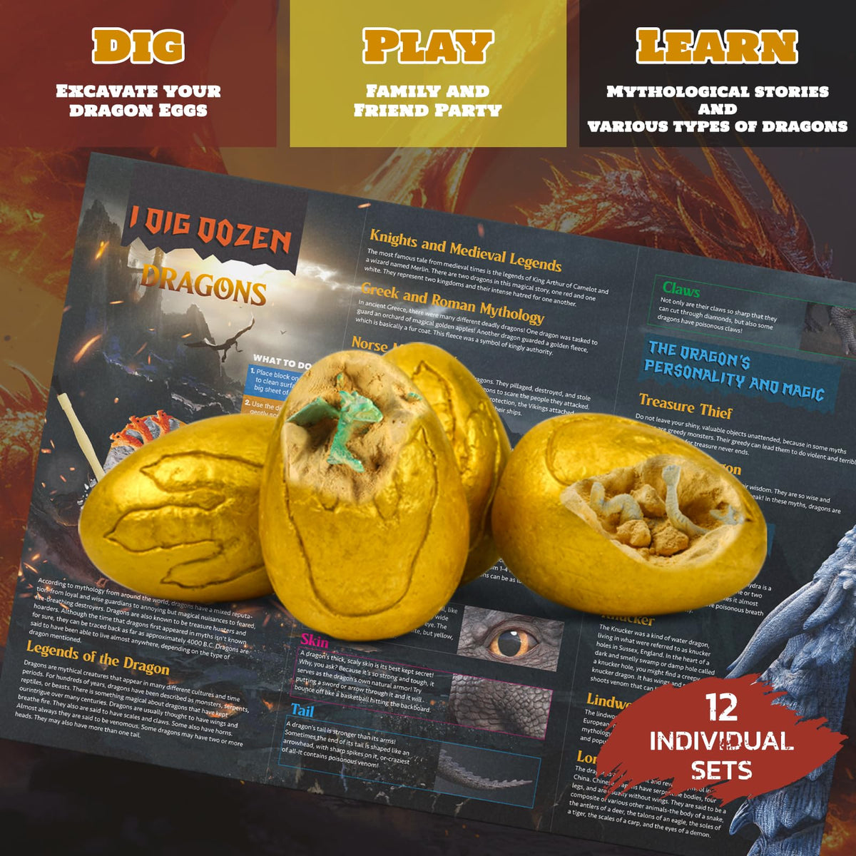 Piano Potato Dragon Egg Dig Kit - 12 Golden Dragon Dinosaur Excavation