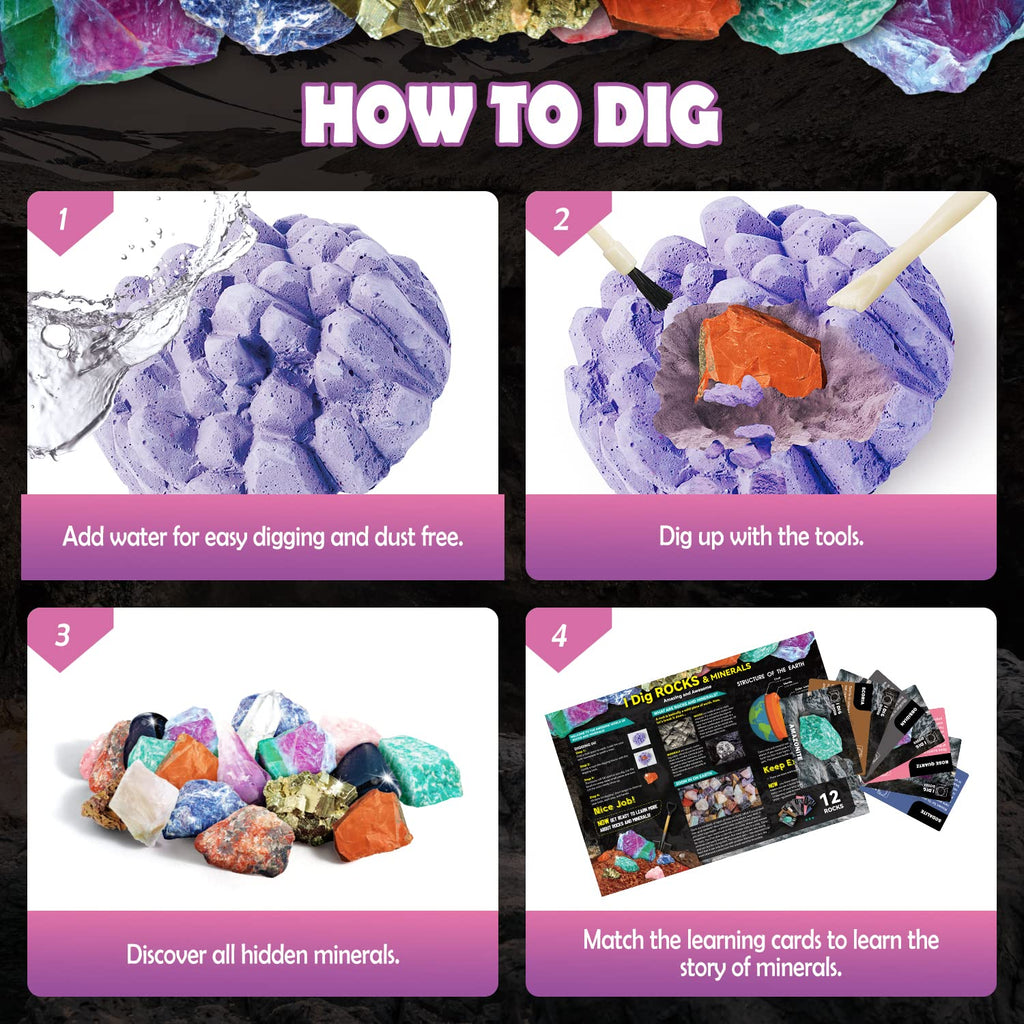 Gemstone Dig Kit, 12 Real Rocks and Gems, STEM Toy 6+