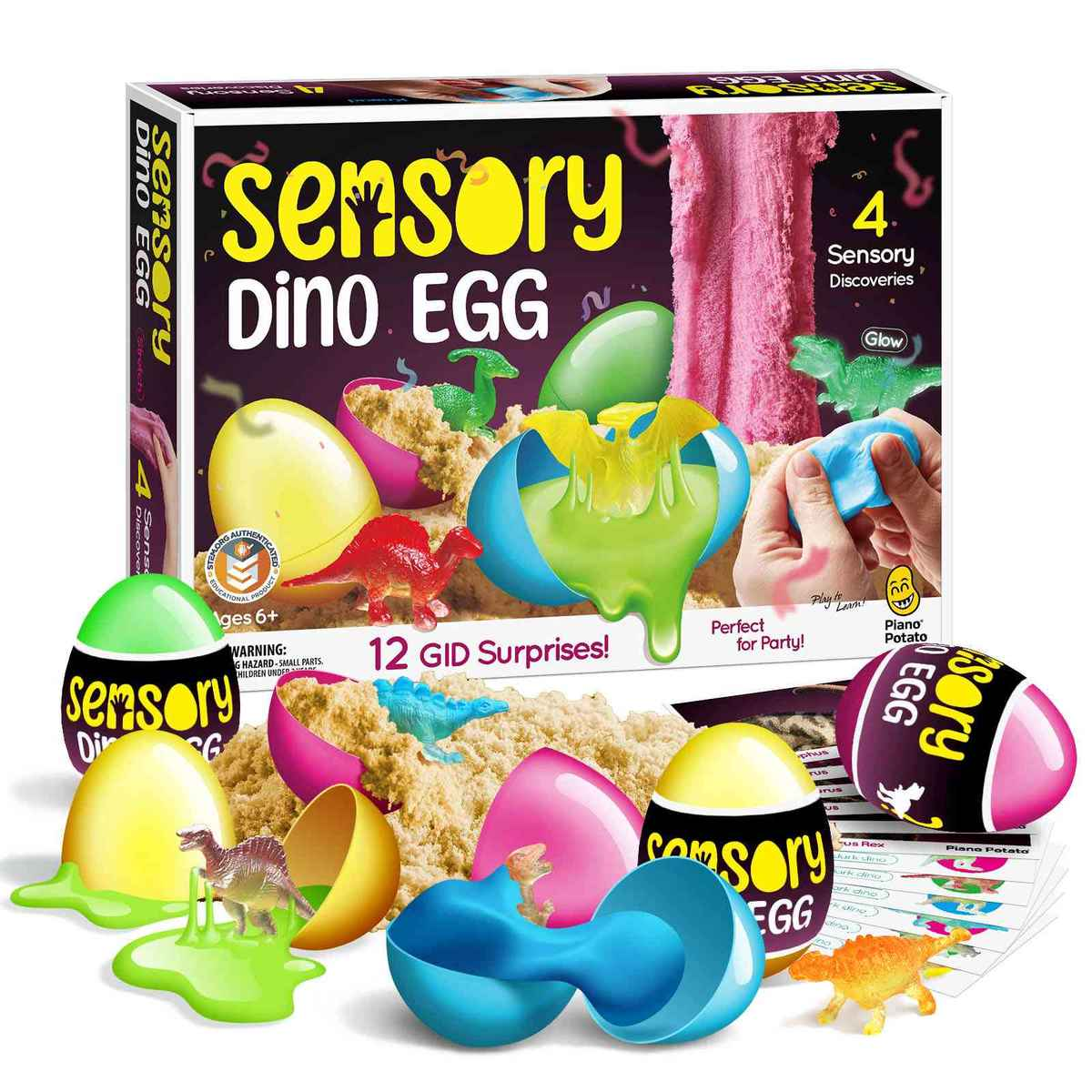12 Sensory Dino Eggs, 4 Squeeze Materials, Glow in Dark 6+